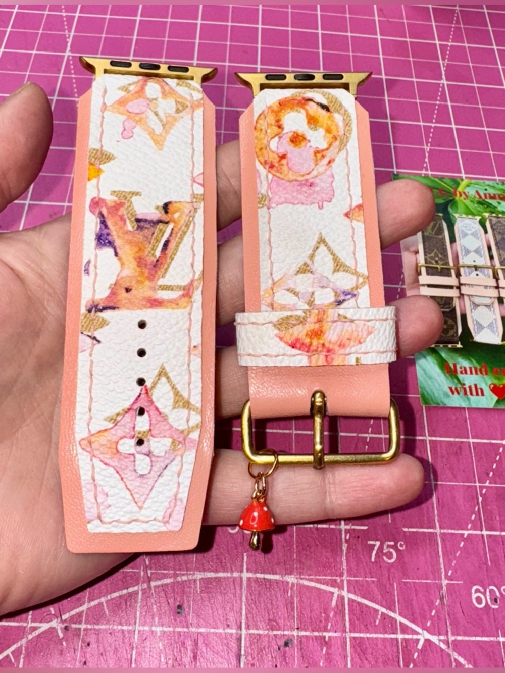 🌸 Watercolor Aquarelle Peach leather Apple Watch band Custom Handmade